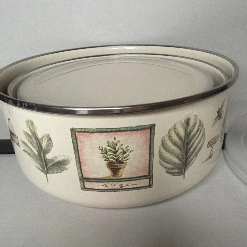 Pfaltzgraff Naturewood Set/3 Enamel Metal Nesting Storage Mixing Bowls 2 w/ Lids